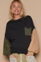 POL Color Block Roll Hem Hacci Sweater Black OutfitFlow